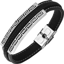 Deri 316 L Çift Greek Desenli Paslanmaz Çelik Erkek Bileklik