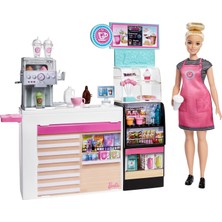 Barbie Kahve Dükkanı, 30 cm Sarışın Yuvarlak Hatlı Bebek ve 20'den Fazla Gerçekçi Oyuncak Figür GMW03