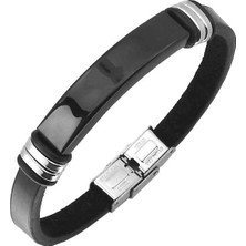 Hakiki Deri Sade Model Siyah Parlak Çelik Erkek Bileklik