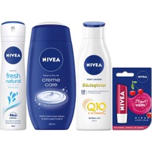 Nivea Fresh Kadın Sprey + Creme Care Duş Jeli 250 ml + Q10 250 ml Losyon + Kirazlı Dudak Kremi