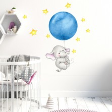 Kt Decoration Mavi Balonlu Sevimli Fil Duvar Sticker Seti