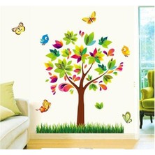 Kt Decoration Ev Dekorasyonu Renkli Ağaç ve Kuşlar Büyük Boy Kendinden