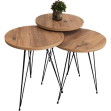 MRD Design Yuvarlak Zigon Sehpa 3lü Çam, Yan Sehpa, Metal Ayak