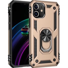 Tekno Grup Apple iPhone 12 (5.4'') Kılıf Çift Katmanlı Yüzüklü Manyetik Vega Kapak Gold + Tam Kaplayan 6D Nano Ekran Koruyucu