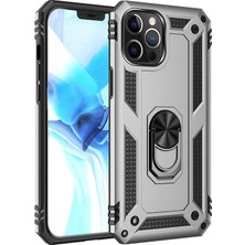 Tekno Grup Apple iPhone 12 Max (6.1'') Kılıf Çift Katmanlı Yüzüklü Manyetik Vega Kapak Gümüş + Tam Kaplayan 5D Cam Ekran Koruyucu