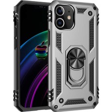 Tekno Grup Apple iPhone 12 (5.4'') Kılıf Çift Katmanlı Yüzüklü Manyetik Vega Kapak Gümüş + Tam Kaplayan 5D Cam Ekran Koruyucu