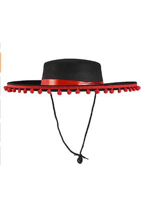 Samur Kırmızı Ponponlu Siyah Renk Çocuk Ispanyol Şapkası