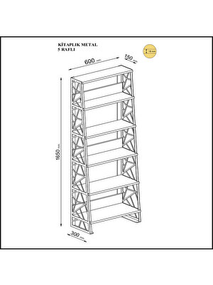 Wood'n Love Albatros 5 Raflı Metal Kitaplık - Atlantik Çam / Siyah