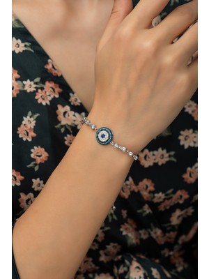 Nereze 925 Ayar Gümüş Asansörlü Nazarlıklı Kadın Bileklik