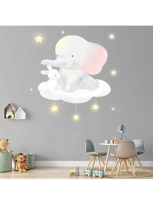 Kt Decoration Fil Minik Tavşan ve Neon Yıldızlar Çocuk Odası Duvar Sticker