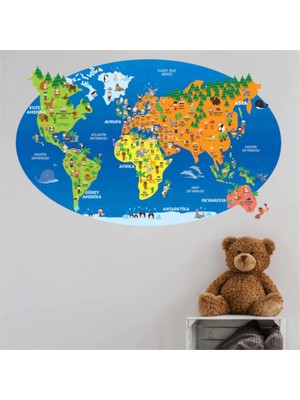 Kt Decoration Dünya Haritası Hayvanlar ve Ülke Bayrakları Eğitici Duvar Sticker
