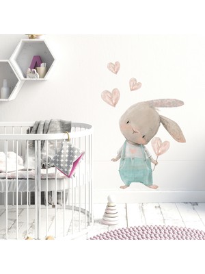 Kt Decoration Sevimli Kalpli Tavşan Mavi Tulumlu Duvar Sticker Seti