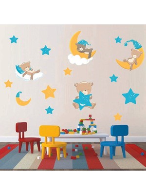 Kt Decoration Uyuyan Sevimli Mavi Ayıcıklar, Ay,yıldız Çocuk Odası Sticker
