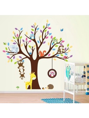 Kt Decoration Renkli Ağaç Maymun ve Baykuşlar Bebek Odası Duvar Sticker