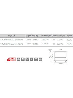 LAMPTIME Smd Projektör LED Aydınlatma 150W Beyaz Işık 252615