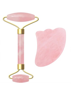 NehirTaş Sertifikalı   Çift Taraflı Pembe Kuvars Taşı Cilt Masaj Aleti + Gua Sha Taşı