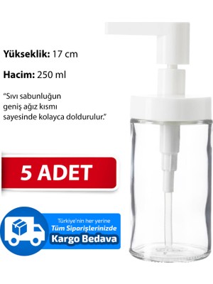 Sıvı Sabunluk Cam 5'li Beyaz Renk 17 cm 250 ml