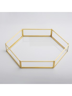 El Crea Designs Gold Pirinç Brass Dekoratif Geometrik Cam Tepsi