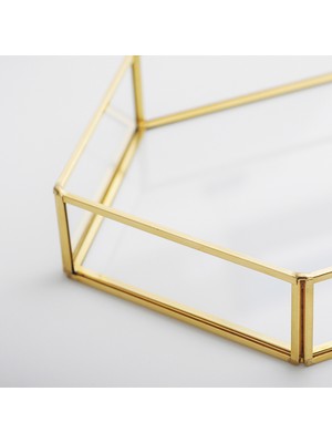 El Crea Designs Gold Pirinç Brass Dekoratif Geometrik Cam Tepsi