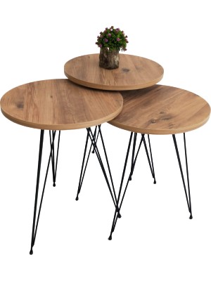 MRD Design Yuvarlak Zigon Sehpa 3lü Çam, Yan Sehpa, Metal Ayak