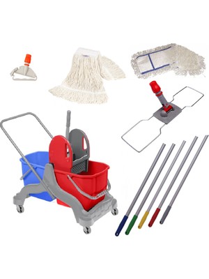 Safell Çift Kovalı Temizlik Arabası - Plastik Paspas Arabası Presli 20 lt - 6 Parça