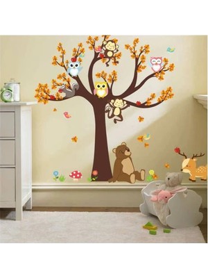 Cosy Home Gift  Kahverengi Orman Ağaç Maymun Kelebek Ayı Geyik Baykuş  Ev Duvar Dekor Sticker