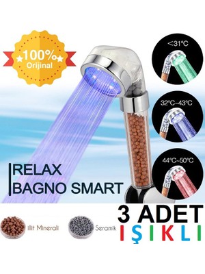 Relax Bagno LED Işıklı %50 Su Tasarruflu Duş Başlığı - Kokulu ve Arıtmalı Duş Başlığı - 3 Adet