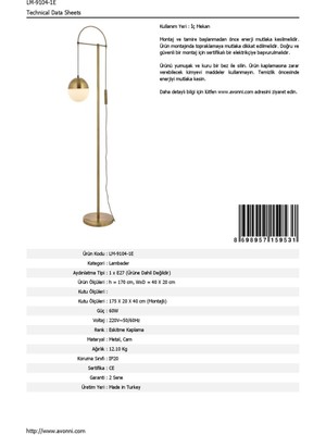 AVONNI LM-9104-1E Eskitme Kaplama Lambader E27 Metal Cam 40x20cm