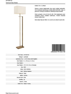 AVONNI LM-9109-1E Eskitme Kaplama Lambader E27 Metal Kumaş 42x22cm