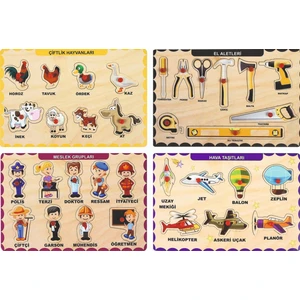 4 Adet Ahşap Tutmalı Eğitici Yapboz Seti Çocuk Gelişimi İçin Tasarlandı