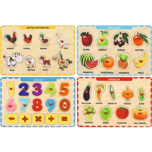4 Adet Ahşap Tutmalı Eğitici Yapboz Puzzle Seti