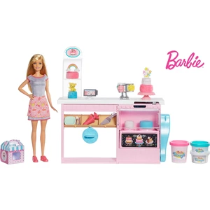 Barbie'nin Pasta Dükkanı Oyun Seti, Sarışın Bebek, Mutfak Tezgahı, Oyun Hamuru ve Oyuncak Pasta Süsleme Parçaları İçerir, 4-7 Yaş Arası İçin Gfp59