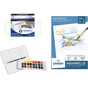 Daler Rowney Aquafine Tablet Sulu Boya Seti 24 Renk + Canson 300 gr A4 Sulu Boya Defteri