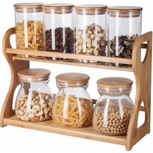 11255 Seasoning Bambu Kapaklı Standlı 7 Parça Cam Baharatlık