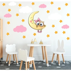 Kt Decoration Baykuş Yıldızlar ve Pembe Beyaz Bulutlar Duvar Sticker