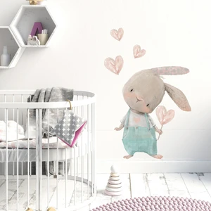 Kt Decoration Sevimli Kalpli Tavşan Mavi Tulumlu Duvar Sticker Seti