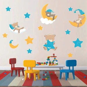 Kt Decoration Uyuyan Sevimli Mavi Ayıcıklar, Ay,yıldız Çocuk Odası Sticker
