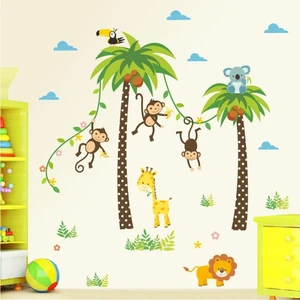 Kt Decoration Palmiyeler ve Sevimli Hayvanlar Anaokulu Bebek ve Çocuk Odası Duvar Sticker