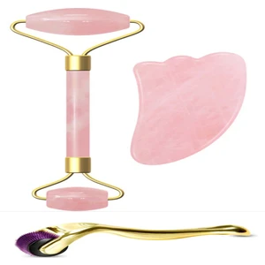Sertifikalı    Pembe Kuvars Taşı Cilt Masaj Aleti + Gua Sha Taşı + Titanyum Lux Dermaroller