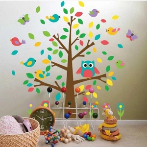 Cosy Home Gift Bebek Çocuk Odası Renkli Ağaç Kuşlar Kelebek Çiçekler Görsel Sticker Pvc Duvar Süsü