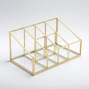 Gold Pirinç Brass 6 Bölmeli Cam Makyaj Kutusu Organizer Kalemlik 25x15x12/7 Cm
