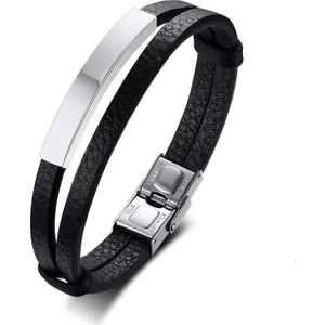 Deri Zarif Tasarım Çift Sıra Erkek Deri & Çelik Bileklik