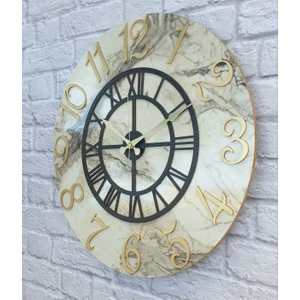 Mermer Desenli Altın   Rakamlı Duvar Saati Çap 50  cm