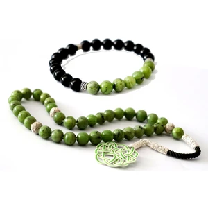 1000 Ayar Gümüş Püsküllü Yeşil Ceyt Taşı Tesbih Bileklik Seti