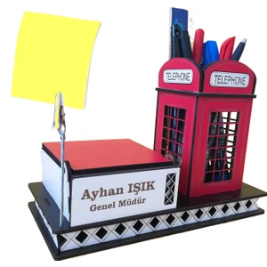 Plaket Home Kişiye Özel Ahşap Masaüstü Telefon Kulübeli Kalemlik Notluk