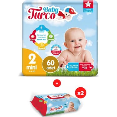 baby turco 2 numara bebek bezi 3 6 kg mini 60 islak havlu fiyati