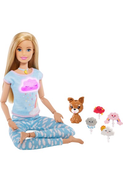 Barbie Wellness - Barbie Nefes Egzersizi Bebeği, Sarışın Bebek, 5 Işıklı ve Rehberli Meditasyon Egzersizi, Köpek Dahil GNK01