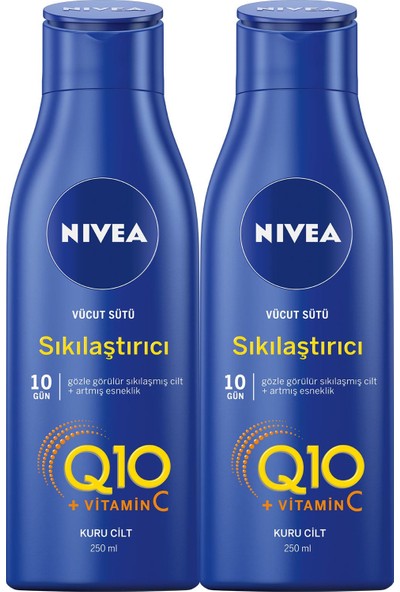 NIVEA Sıkılaştırıcı Vücut Sütü Q10 + C Vitamini 250mlx2,48 Saat Vücut Nemlendirme, 10 Günde Sıkılaşma, Kuru Ciltler için, Vücut Bakım