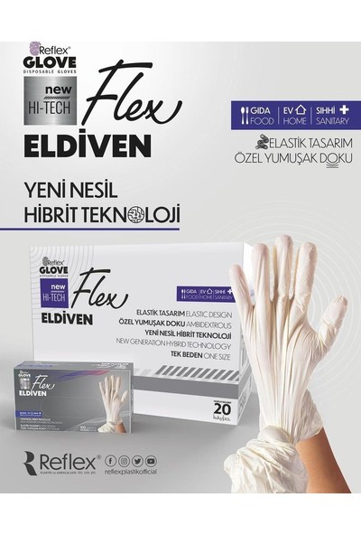 Reflex Tek Kullanımlık Flex Pudrasız Beyaz Poşet Eldiven 5 Paket