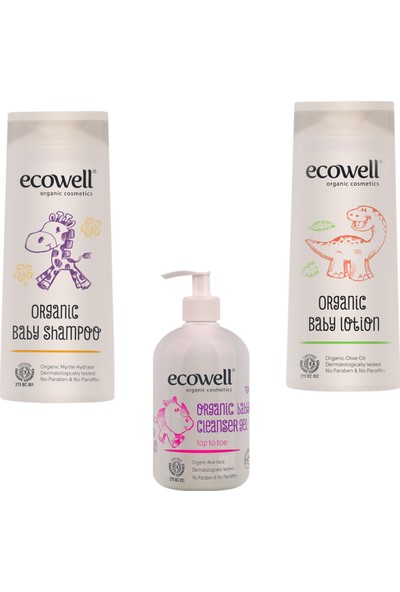 Ecowell Organik Bebek Bakım 3'lü Set (Bebe Şampuanı 300 ml.+ Bebe Losyonu 300 ml. + Bebek Temizleme Jeli 500 ml.)